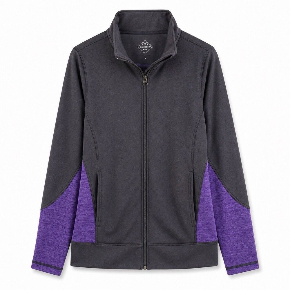 St. John’s Bay Women’s Long Sleeve Full Zip Active Sweatshirt Black/Purple SZ L